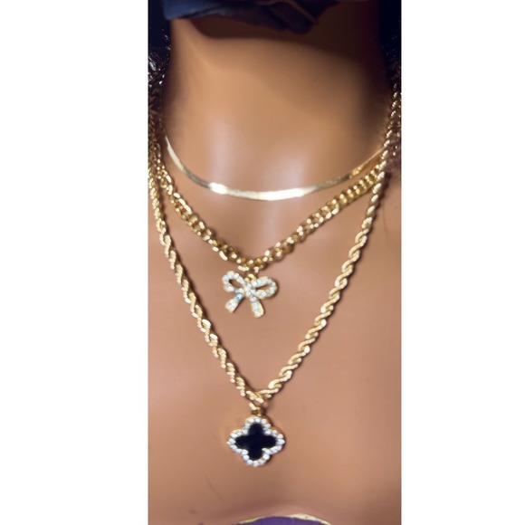 Jewelry - Black Clover Rhinestone Necklace Bow Gold Layered Lucky Charm Mothers Day Gift‎